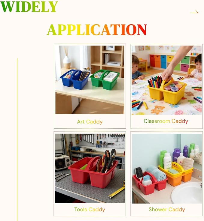 RAUVOLFIA Set of 6 Classroom Caddy, Small Plastic Storage Caddy with Handle for Classrooms, Home and Office Organization, 3 Compartment (Rainbow)