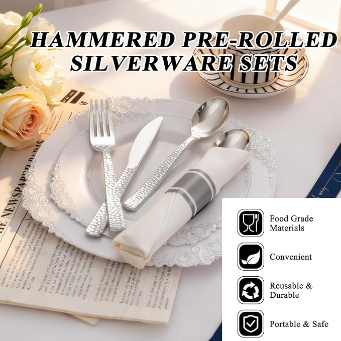 400PCS Pre Rolled Silver Plastic Silverware Sets - Heavy Duty Hammered Silver Cutlery - Include 100 Pack Wrapped Disposable Utensils with Napkins for Parties & Dinners & Weddings