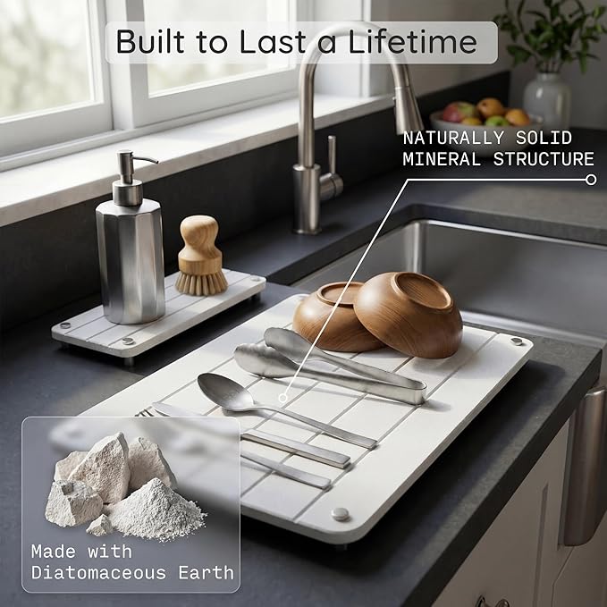 2 Piece Stone Drying Mat Set 16x12 Inch Diatomite Dish Drying Mat for Kitchen Counter Fast Drying Eco Friendly Includes 8 Non Slip Legs (Lumina, 16"x12")