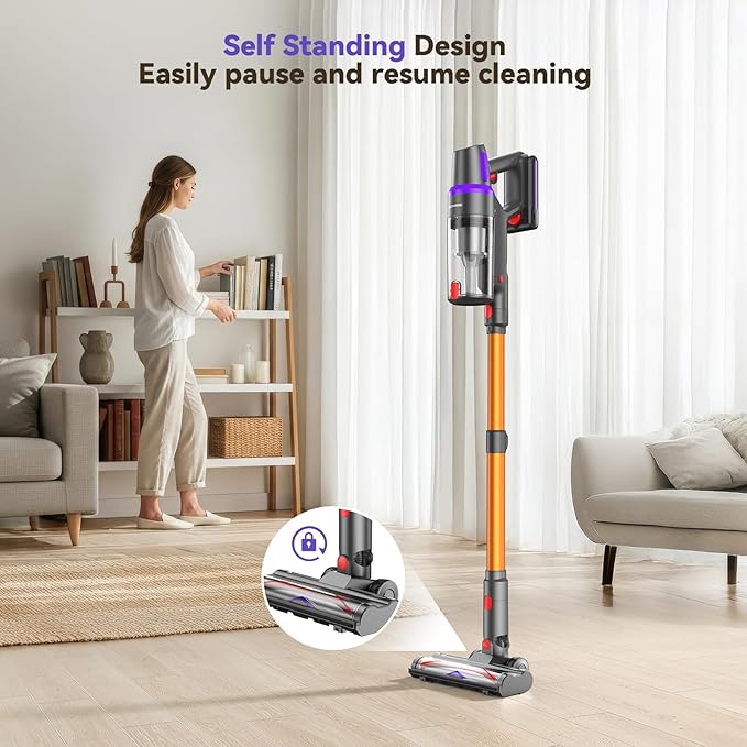 TechRise Cordless Vacuum Cleaner for Home, 550W 45KPa Powerful Suction with HEPA Filter, 60 Min Runtime,Self-Standing, Anti-Tangle Brush, LED Light for Pet Hair, Carpets, Hard Floor