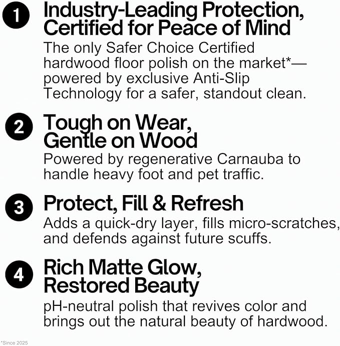 Quick Shine Hardwood Floor Luster-Polish 64oz-4pk | Plant-Derived w/Carnauba | Safer Choice, No PFAS, pH Neutral | Ready to Use Formula w/Anti-Slip Technology | Simply Squirt & Spread | Made in USA