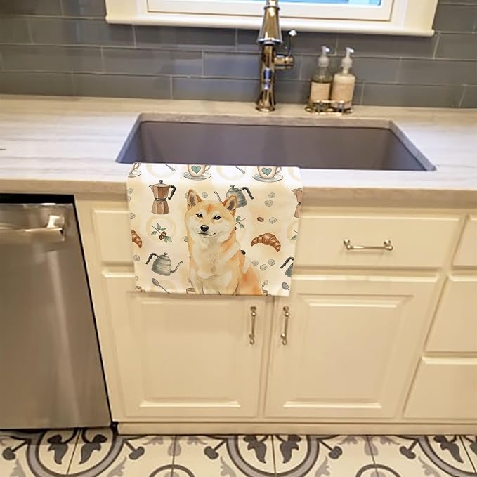 Caroline's Treasures Cream Shiba Inu Coffee Bar Kitchen Towel Velour Plush Front and Cotton Loop Back Machine Washable