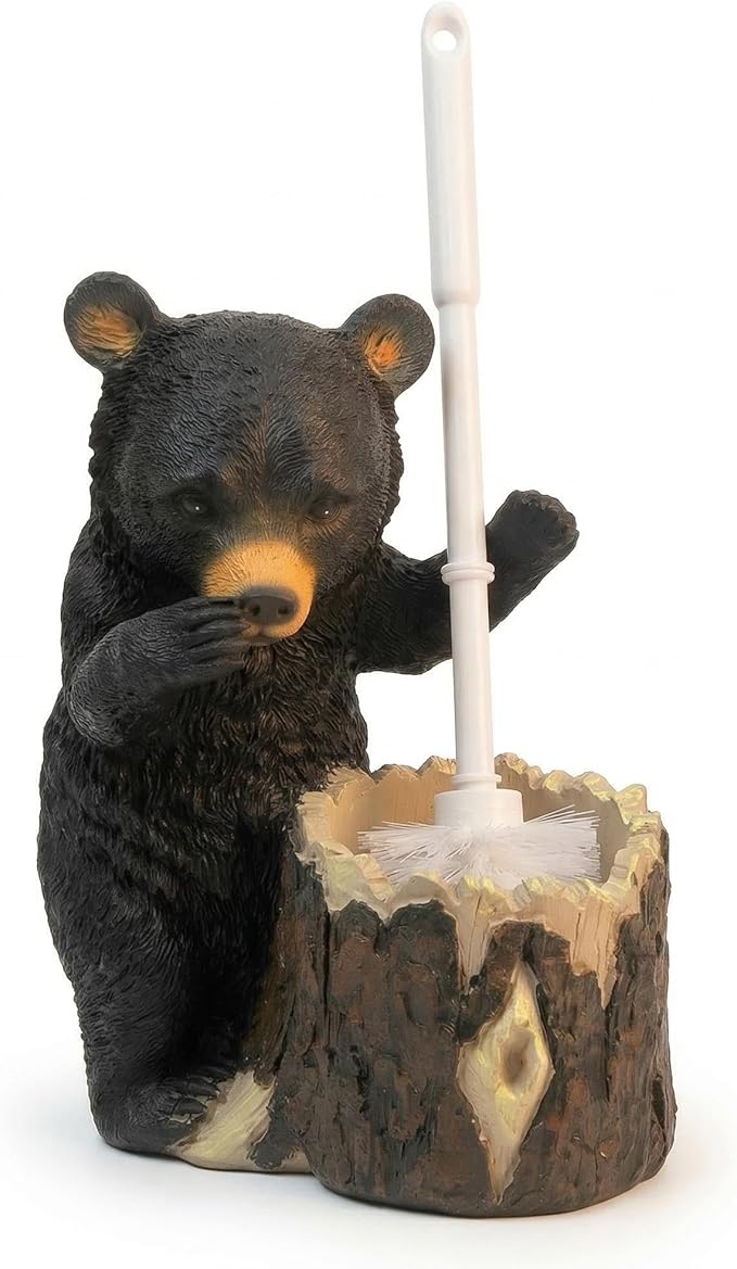 Whimsical Black Bear Toilet Brush Holder Set - Unique Cub Shape Decorative Bathroom Cleaning Kit for Cabin Owners, Bear-Themed Home Decor, Cozy Cabin Gifts