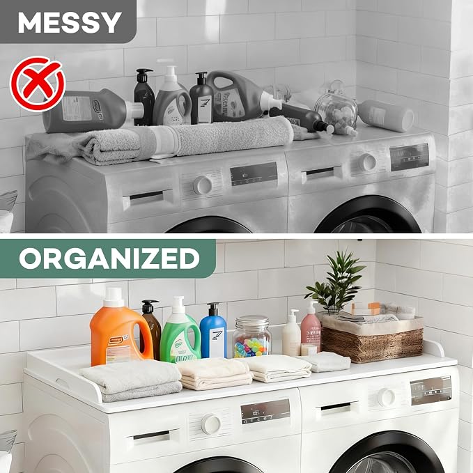 Washer Dryer Countertop, 54 x 27.5 Inch Washer Dryer Topper, Laundry Topper for Washer and Dryer, No Installation MDF Top with Raised Edge, White