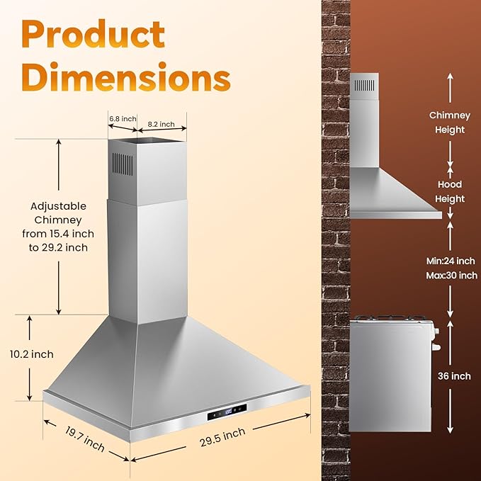 Tieasy Wall Mount Range Hood 30 inch Kitchen Hood 700 CFM with Ducted/Ductless Convertible Duct, Touch Control, Permanent Filters, Stainless Steel, 3 Speed Exhaust Fan, LED Light