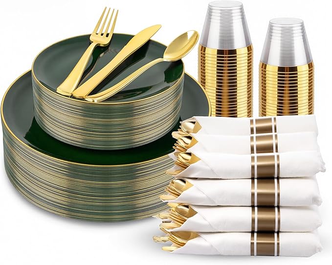 KIRE 175PCS Green Plastic Plates with Gold Rim - Heavy Duty Green Plates Disposable Include 50 Fancy Plastic Plate, 25Pre Rolled Napkins 25 Cups For Party/Wedding/Spring/2026 FIFA World Cup