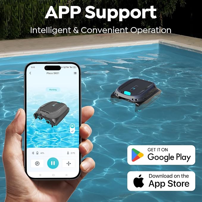 Pleco SK01 Solar Powered Pool Skimmer Robot with APP, Auto Surface Cleaning, 24/7 Cleaning, Dual Charging Modes, Obstacle Avoidance, Large Filter, Ideal for Most Pool Surfaces(Black Blue)