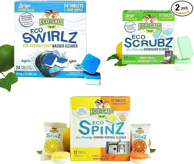 ECO-GALS Appliance Cleaner Bundle With Eco-Swirlz Washing Machine Cleaner for Standard and H.E. Washers Plus Eco Scrubz Dishwasher Deodorizer and Descaler Cleaner Plus Eco Spinz Disposal Cleaner