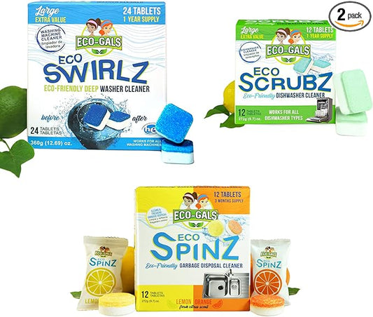 ECO-GALS Appliance Cleaner Bundle With Eco-Swirlz Washing Machine Cleaner for Standard and H.E. Washers Plus Eco Scrubz Dishwasher Deodorizer and Descaler Cleaner Plus Eco Spinz Disposal Cleaner