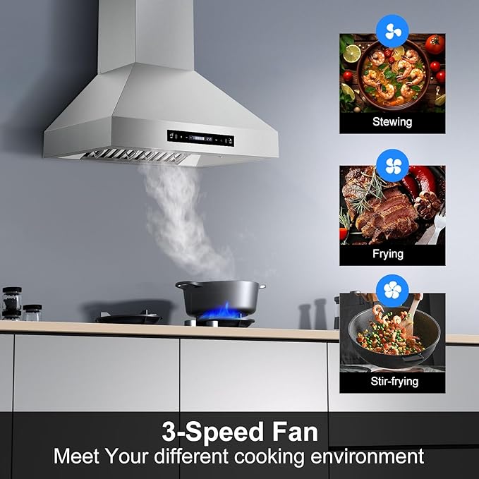 Tieasy 30 inch Range Hood, Wall Mount Kitchen Hood 900 CFM Ducted/Ductless Convertible with Gesture Sensing & Touch Control, Stainless Steel Vent Hood 3 Speed Exhaust Fan, 4 Baffle Filters