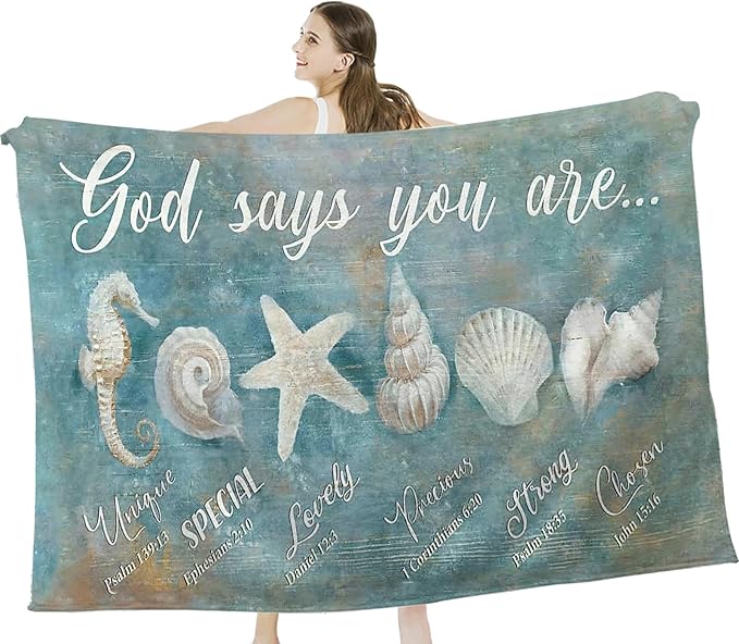 Tijuboni Ocean Seashells Throw Blanket - God Says You are - Beach Nautical Gifts for Women Men Girls Boys Kids Adults Soft Flannel Fleece Blanket for Couch Sofa Bed Home Decor 50"x60"