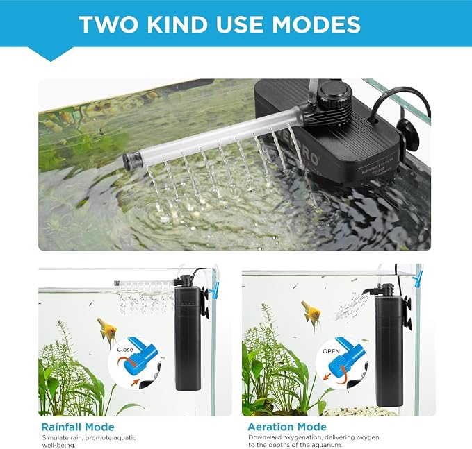 Internal Fish Tank Filter with 5W UV Light, Multi Filter Materials, Adjustable Water Flow Submersible 185GPH Aquarium Filter Pump for 30~50 Gal Freshwater, Aeration/Rainfall Mode, TU-700(185GPH)