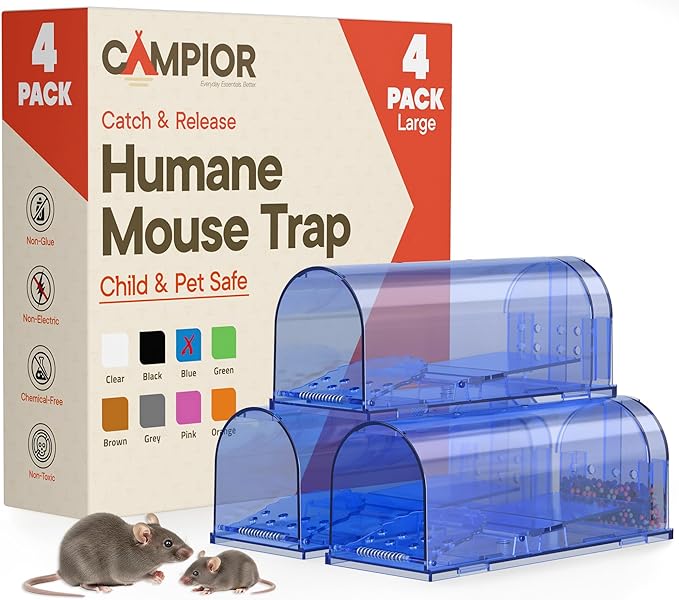 Campior Humane Mouse Trap Pack of 4, Live Mouse Traps Catch and Release for Indoors & Outdoors, Pet & Child Safe, 7.87" Reusable Plastic Mouse Cage with Spring Door, Cleaning Brush Included, Blue