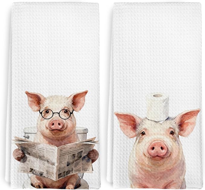 Funny Pig Hand Towels for Bathroom Washroom Decor, Pigs Lovers Gifts Decorative Hand Towels Set of 2, Funny Farm Animals Pig Dish Tea Towels for Kitchen Farmhouse Cabin Decor, 16x24 Inch