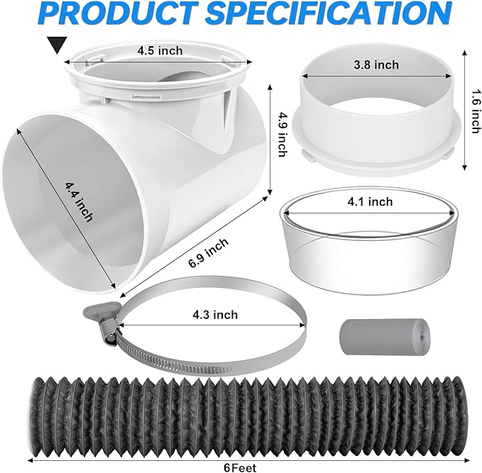 Dryer Vent Hose for Tight Space, 90 Degree Dryer Vent Elbow Connector Kit with 6-Layer Flexible Aluminum Duct, Space-Saving 4 Inch Dryer Hose Kit with Elastic Rubber Seal
