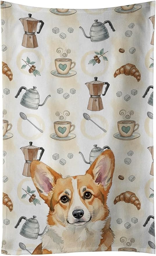 Caroline's Treasures Corgi Coffee Bar Kitchen Towel Velour Plush Front and Cotton Loop Back Machine Washable