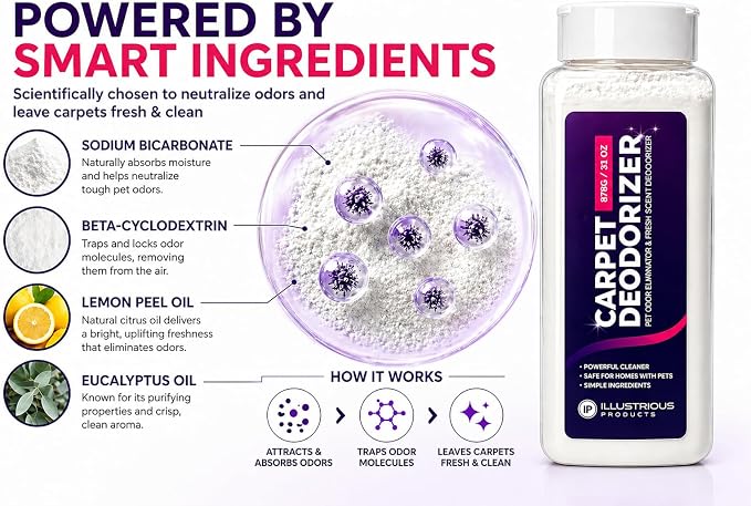 Carpet Deodorizer for Pets – Pet Odor Eliminator Powder for Strong Dog & Cat Urine Odors – Baking Soda Carpet Freshener for Carpets & Rugs – Lemon Eucalyptus Scent – 31 oz