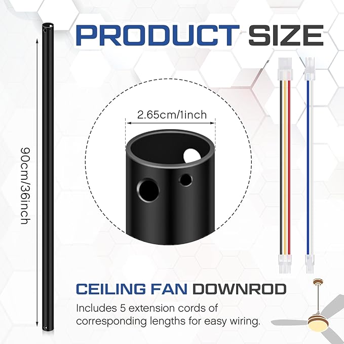 VIHOSE 36 Inch Ceiling Fan Downrod with Extension Cord 3 ft Black Downrod for Ceiling Fan 1 Inch Outside Diameter Not Threaded Suitable for a Wide Range of Fans