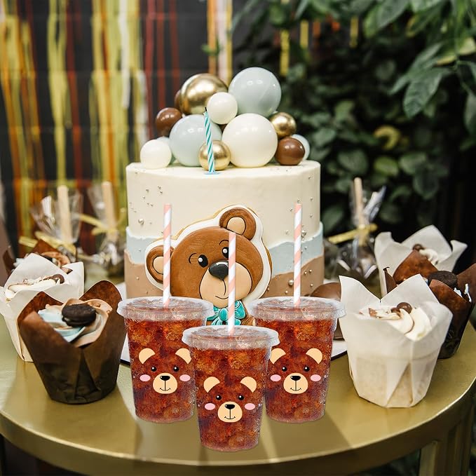 Whaline 50 Pcs 12 Oz Bear Disposable Plastic Cups with Lids and Straws Funny Bear Face Cold Beverage Drinking Cups for Birthday Baby Shower Party Supplies