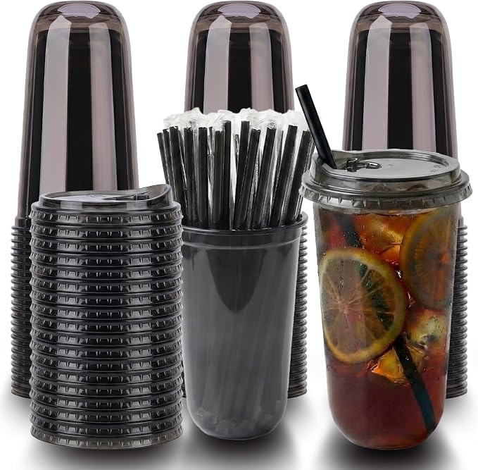 18oz Disposable Stemless Glasses With Strawless Sip Lids and Straws,PET Disposable Drinking Cups,Clear Plastic Wine Glasses for Parties Birthday,Wedding,Meeting,Party Supplies. (50, Black)