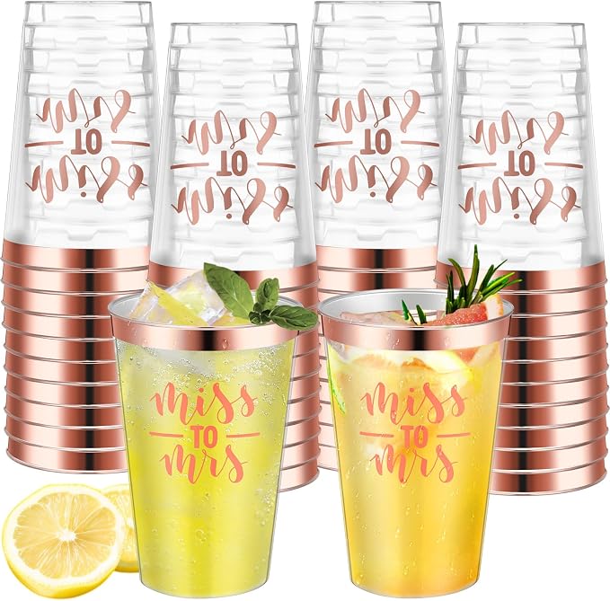 Funnymoom 36 Pcs Wedding Miss to Mrs Cups 12 oz Gold Plastic Cups Disposable Bridal Shower Drinking Tumblers Clear Wine Glasses Tumblers for Engagement Bachelorette Supplies Party Favors (Rose Gold)