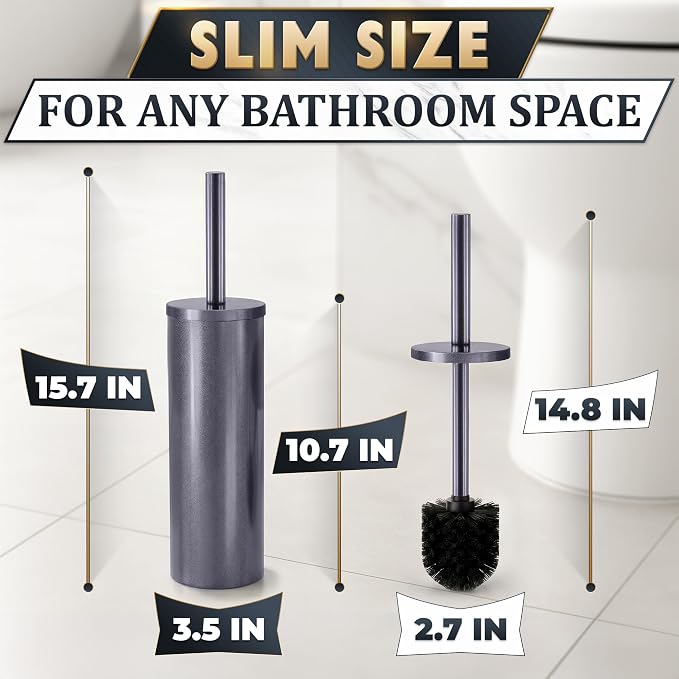 Graphite Metallic Stainless Steel Toilet Brush and Holder Set - Toilet Bowl Brush and Holder with Splash Cover, Sturdy Bristles, Corrosion & Scratch Resistant - Elegant Design, Effective Deep Cleaning