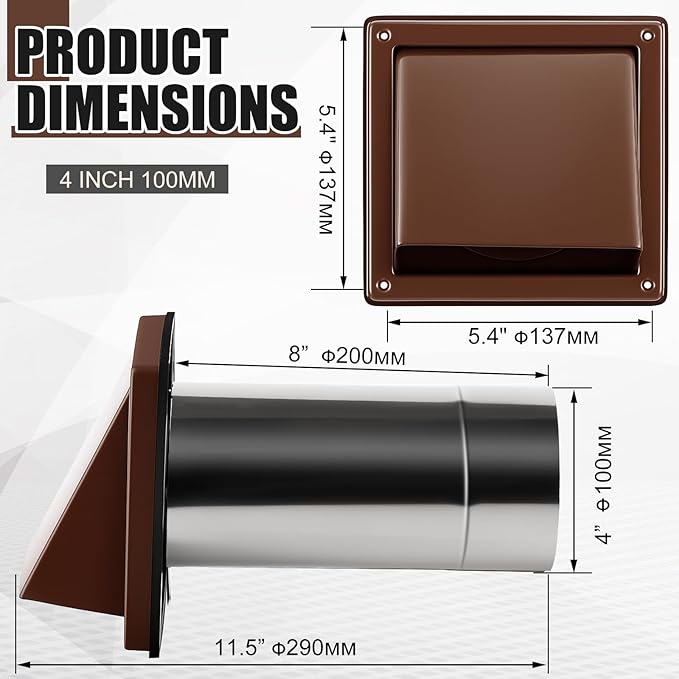 Gisafai 4" Dryer Vent Cover Outside with Stainless Steel Screen Wall Dryer Exhaust Cap and Removable Extended Pipe Vent Shroud Hood Cushioned Non Return Flap with Sealing Gasket Grille (Brown)