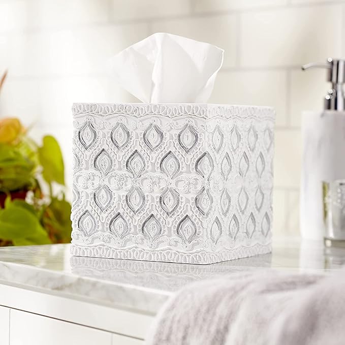 Zahari Home 2pc Monaco Modern Bath Accessories Set Waste Basket & Tissue Box Cover Modern Classic Contemporary Decorative Beautiful Designs Bathroom Decor Set for Home Luxury Bath Set