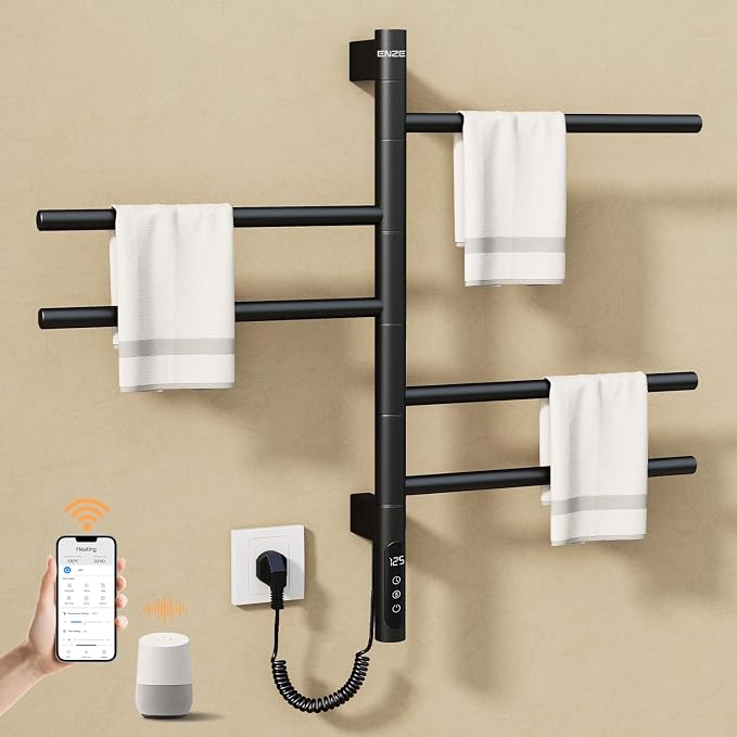 ENZE Smart Rotating Heated Towel Rack for Bathroom, 5-Bar Wall-Mounted Electric Towel Warmer with Swivel Bars, Wi-Fi App Control, 24H Timer, Stainless Steel, IPX5, Hardwired/Plug-in, Matte Black