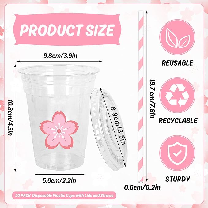 Whaline 50Pcs 12Oz Pink Cherry Blossom Disposable Plastic Cups with Lids and Straws Cute Sakura Cold Beverage Drinking Cups for Spring Wedding Birthday Party Supplies