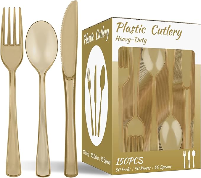 150 PCS Plastic Silverware Disposable Silverware Heavy Duty Utensil Sets 50 Of Each Forks Knives & Spoons Disposable Cutlery Set For Easter,Birthday,Baby Shower,Garden Party,Wedding(150,Gold)