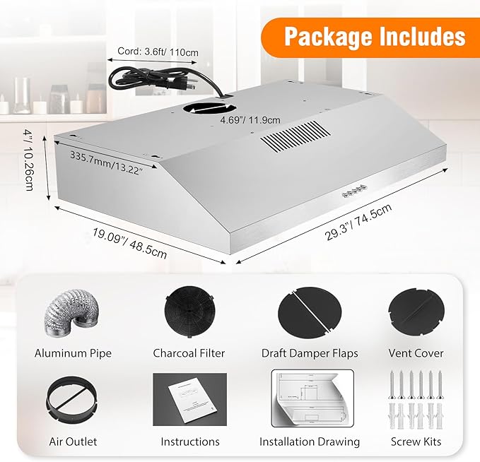 Rang Hood 30 inch Under Cabinet, Ductless Slim Kitchen Range Hood Vent with Filter, LED Lights, 3 Speed Exhaust Fan, Campanas para Cocina (JX3875- Stainless Steel)