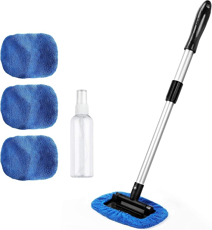 AstroAI Windshield Cleaner, Microfiber Car Window Cleaner with 12 Reusable and Washable Microfiber Pads and Extendable Handle Auto Inside Glass Wiper Kit, Blue, 3 Pack