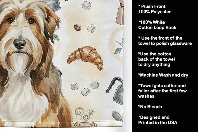 Caroline's Treasures Brown Bearded Collie Coffee Bar Kitchen Towel Velour Plush Front and Cotton Loop Back Machine Washable