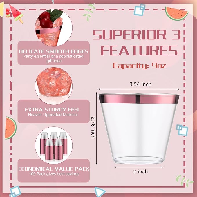 Lounsweer 100 Pcs 9oz Rimmed Plastic Cups Wedding Clear Cocktail Cups Heavy Duty Disposable Wine Glasses for Birthday Bridal Shower Baby Shower Holiday Celebrations(Pink)