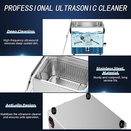 Ultrasonic Cleaner 10L 240W 40kHz Digital Cleaning Machine with Degassing, Heater & Timer for Tools Jewelry Watches Glasses Dentures Small Parts