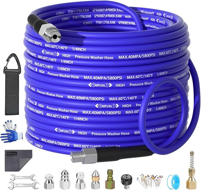 NIFUAL 50FT Sewer Jetter Kit for Pressure Washer, 5800PSI Pressure Drain Cleaner Hose 1/4 Inch NPT Corner, Rotating and Button Hose Sewer Jetting Nozzle Waterproof Tape Pearl Corsage Pin Spanner Glove