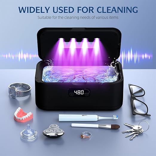 Ultrasonic Jewelry Cleaner, 50Khz Jewelry Cleaner Ultrasonic Machine for Jewelry, Eyeglasses, Rings, Watch Strap, Dentures, 24oz - 304 Stainless Steel Tank, Digital Timer, 5 Cleaning Modes(Black)