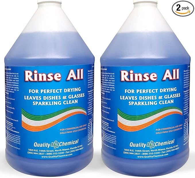 Quality Chemical Rinse All/Commercial Industrial Grade Rinse Aid/Dishwasher Rinse Aid Liquid, heat and cool dry Finish/Rinse Agent Dishwasher/Leave Dishes Spotless 128 oz (Pack of 2)