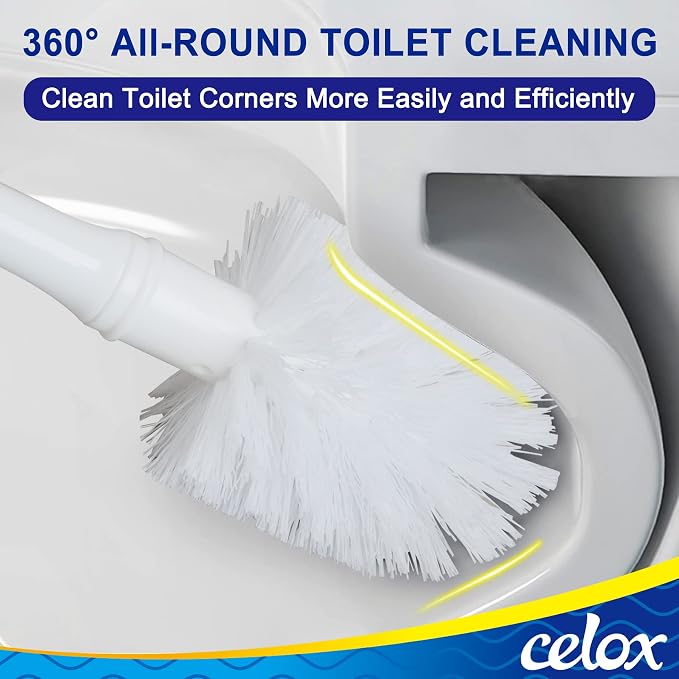 CELOX Toilet Bowl Brush and Holder, Compact Toilet Brush with Breathable Ventilation Stand Base, Bathroom Cleaning Kit, White, 2 Set