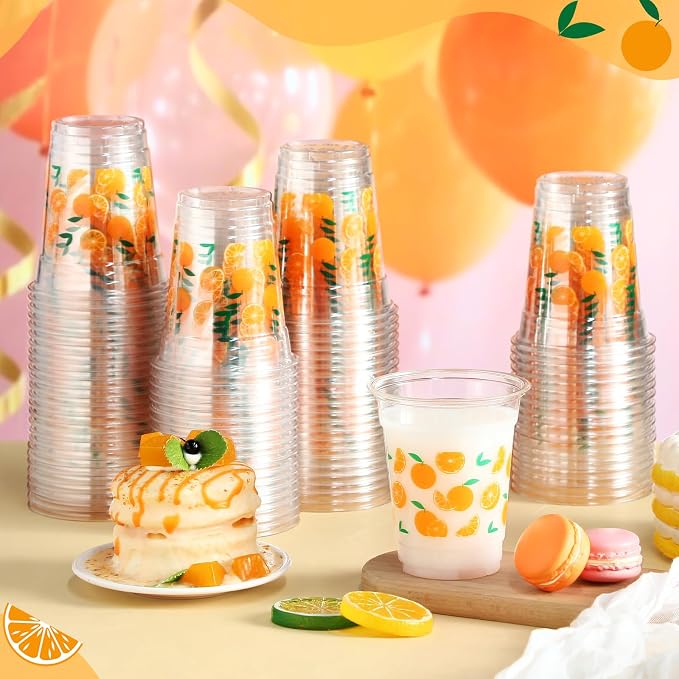 Jingmore 100 Pcs Orange Plastic Cups 12 oz Little Cutie Citrus Disposable Clear Plastic Drinking Cups Bulk for Fruit Theme Little Cutie Baby Bridal Shower Birthday Wedding Party Decorations Supplies