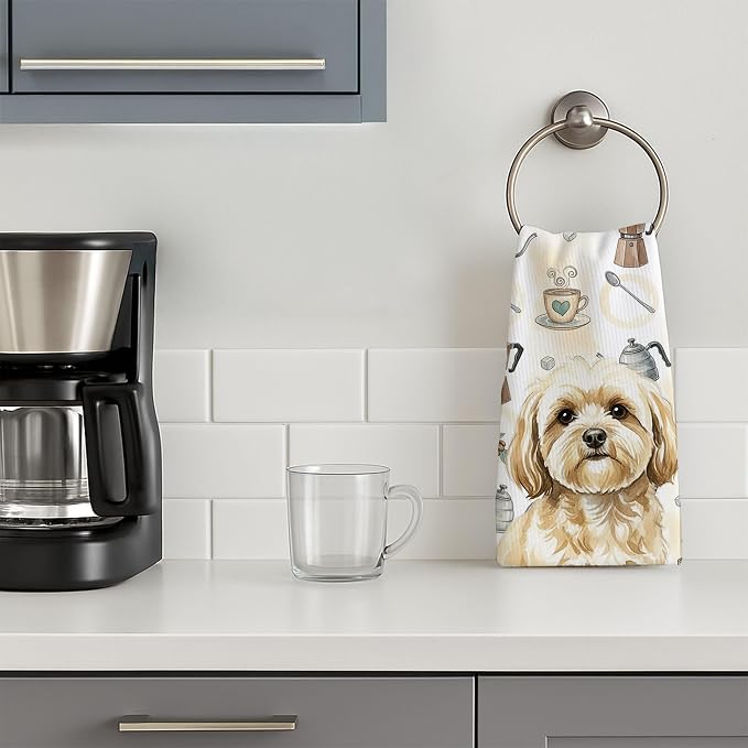 Caroline's Treasures Cream Lhasa Apso Coffee Bar Kitchen Towel Velour Plush Front and Cotton Loop Back Machine Washable