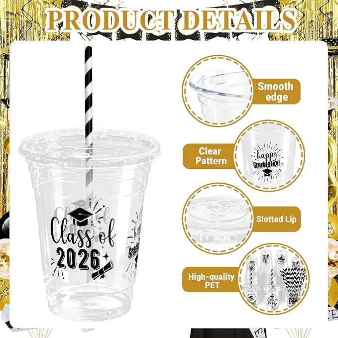 50 Pack Graduation Plastic Cups with Lids Straws 12 oz Black Disposable Class of 2026 Decorations Graduation Party Favor Drinking Beverage Cup for Party Supplies Decorations