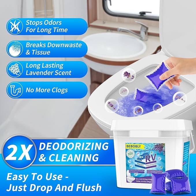 BEBOBLY RV Toilet Treatment Drop Ins, Extra Strength Septic Tank Treatment & Cleaner, Waste Breakdown/Odor Control, RV Black Tank Treatment for RVs, Boats & Portable Toilets, Lavender Flavor, 50 Pack