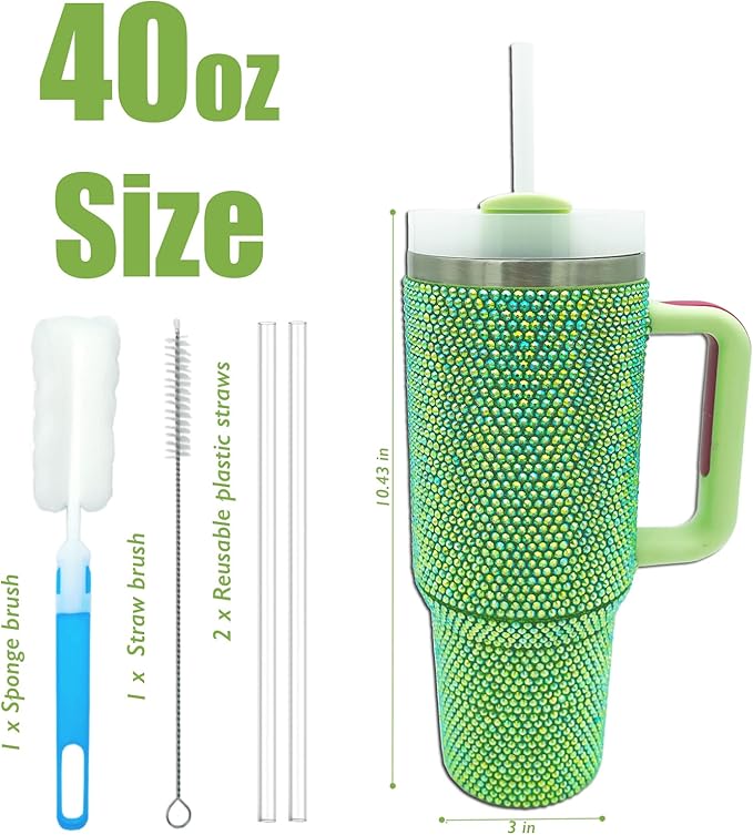 40oz Bling Tumbler with Handle and Straw Lid Rhinestone Studded Tumbler Cups Vacuum Insulated Stainless Steel Double Wall Water Bottle Travel Mug Gifts for Women Her (Green)