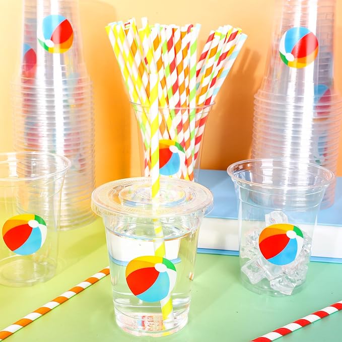 Whaline 50Pcs Beach Ball Disposable Plastic Cups with Lids and Straws 12Oz Summer Pool Ball Cold Beverage Drinking Cup for Beach Pool Birthday Party Supplies