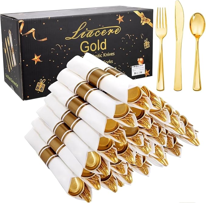 Liacere 100Pack Pre Rolled Gold Silverware and Napkin-Disposable Gold Plastic Utensils-Wrapped Plastic Cutlery Set with Napkin:100 Forks,100 Knives,100 Spoons,100 Napkins for Wedding & Party
