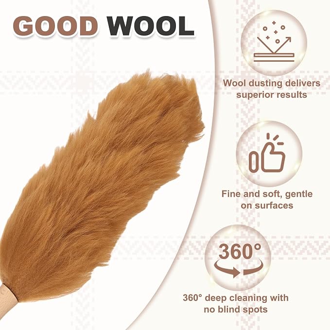 uxcell Wool Duster, 24.4" Natural Feather Cleaner Household Cleaning Duster with Solid Wooden Handle for Cleaning Fans Window Blinds Shelves Furniture, Light Brown