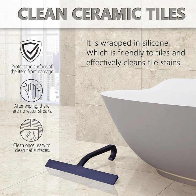 Shower Squeegee for Glass Doors – 10" Silicone Squeegee with Built-in Hook, One-Piece Seamless Design, Streak-Free & No-Scratch Window Cleaner for Bathroom, Mirrors & Tiles Black