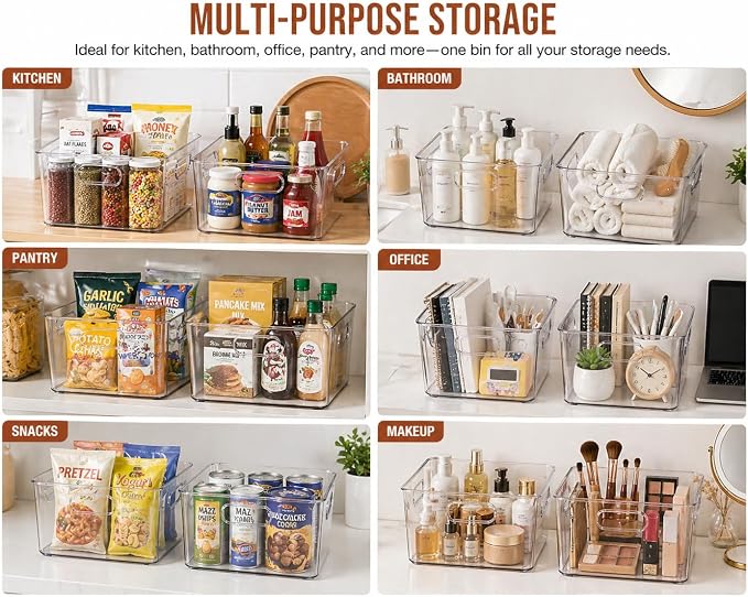 Clear Plastic Storage Bins, Pantry Organizers and Storage, Cleaning Supplies Organizer, Under Sink Storage, Snack Organizer, Multi-Use Organizer Bins for Chips, Vitamin, Spices, Makeup